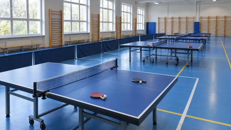 Mize za namizni tenis v telovadnici z modrimi tlemi